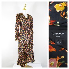 Tahari Womens Yellow Pink Black Floral Belted Faux Wrap Long Sleeve Midi Dress 2