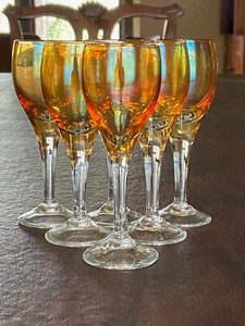 SET OF 6 AMBER IRIDESCENT STEMMED CORDIAL/SHOT GLASSES
