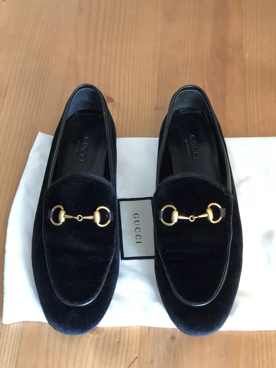 Authentic Gucci Jordaan Black Velvet Leather Horsebit Loafers Size EU 37 US 7