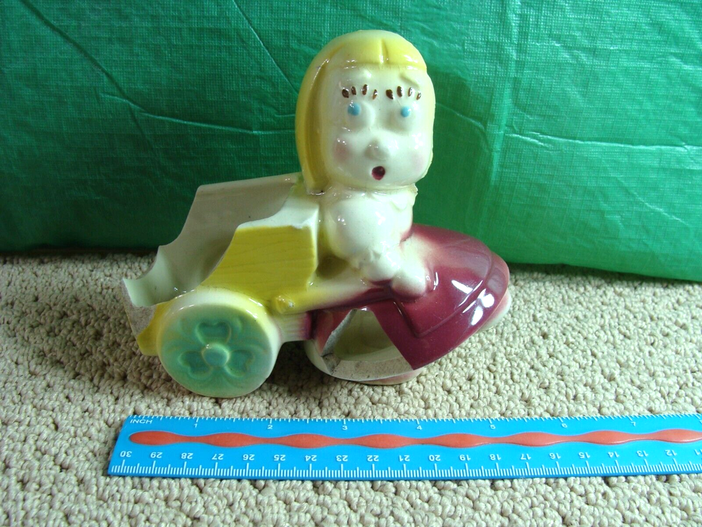 Vintage Ceramic Porcelain Doll Cart Antique Toy Figure Girl Wagon Figurine