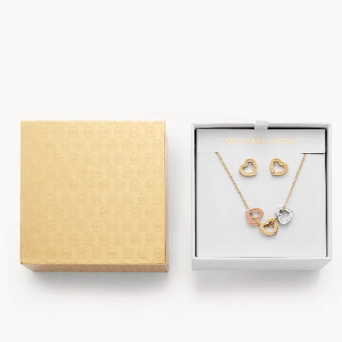SET REGALO MICHAEL KORS Collana & Orecchini Cuore Oro & Argento MKJ7924998 + SCATOLA MK