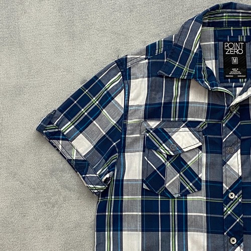 Vintage POINT ZERO Shirt Men Medium Blue Plaid Pocket Surfing Short Sleeve - Picture 3 of 10