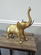 VINTAGE HEAVY SOLID BRASS ELEPHANT TRUNK UP FIGURINE NICE PATINA 8.75&rdquo;H X 10&rdquo;L