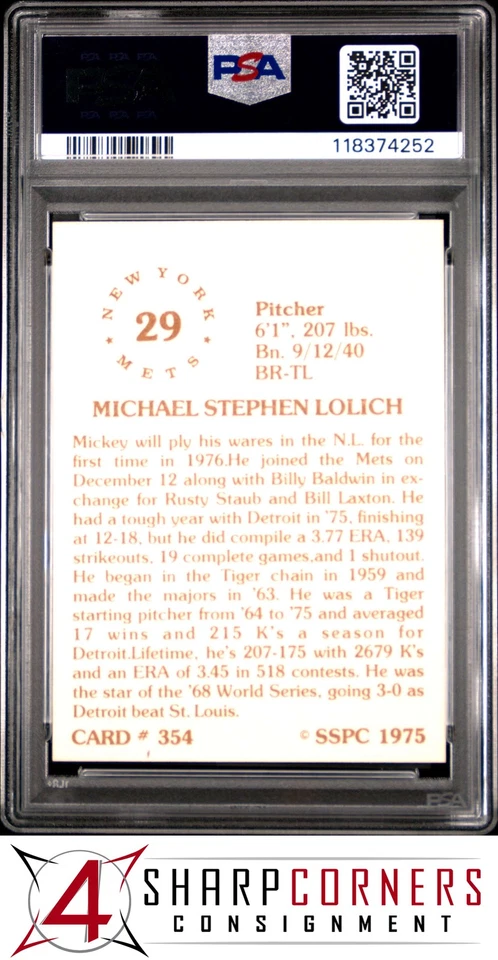 1975 SSPC #354 MICKEY LOLICH TIGERS POP 8 PSA 10 - Image 2 of 3