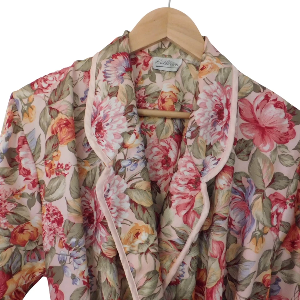 Womens Vintage Long Satin Robe Pink Floral Wrap Long Sleeves 90s Kathryn Medium - Image 2 of 4