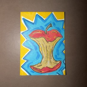 ACEO Art Apple Core Acrylic 2.5” x 3.5” Yellow Red Blue Original By EmmaLee W.