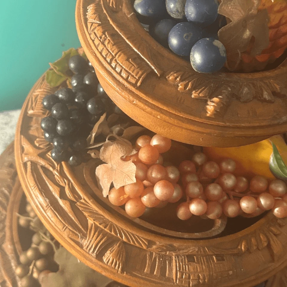 Vintage MCM Handcarved Wood 3 Tiered Lazy Susan Faux Fruit 60s Monkeypod - Image 4 of 4