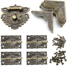 Antique Engraved Latch Hasp Hinges and Box Corner Protectors Hardware Kit for Je