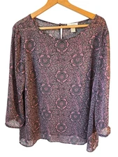 Loft Ann Taylor Womens Blouse XL Sheer Floral Pink Gray Top Business Casual