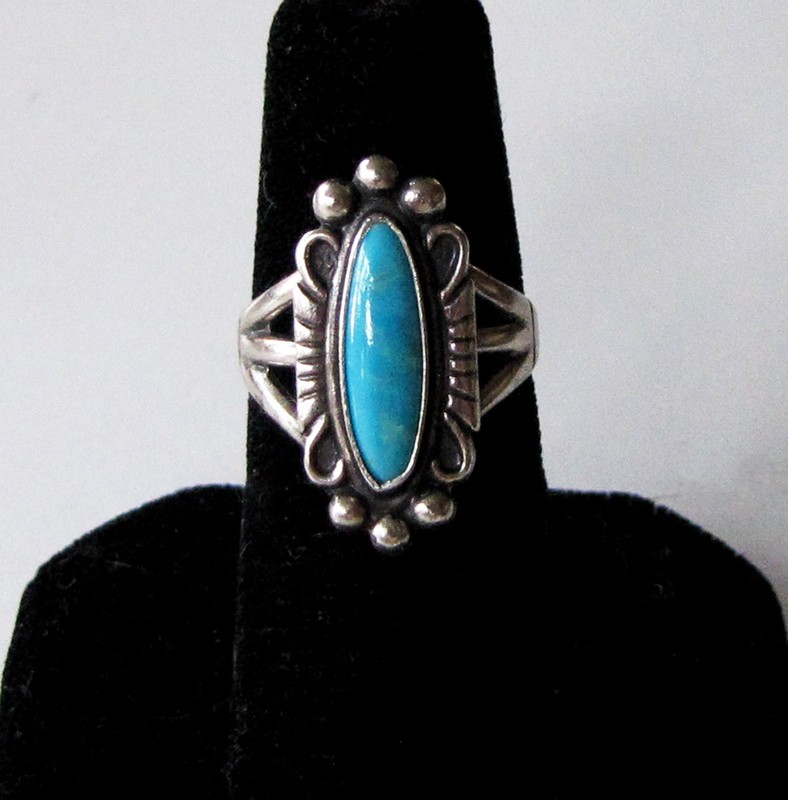 Vtg. Fred Harvey Era Maisel's Sterling Silver Elongated Turquoise Ring -- Sz. 6