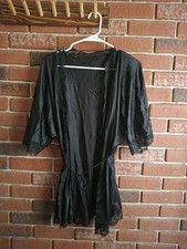 Vintage Fredericks of Hollywood SATIN Robe Wrap Lounge Black Lace one size -