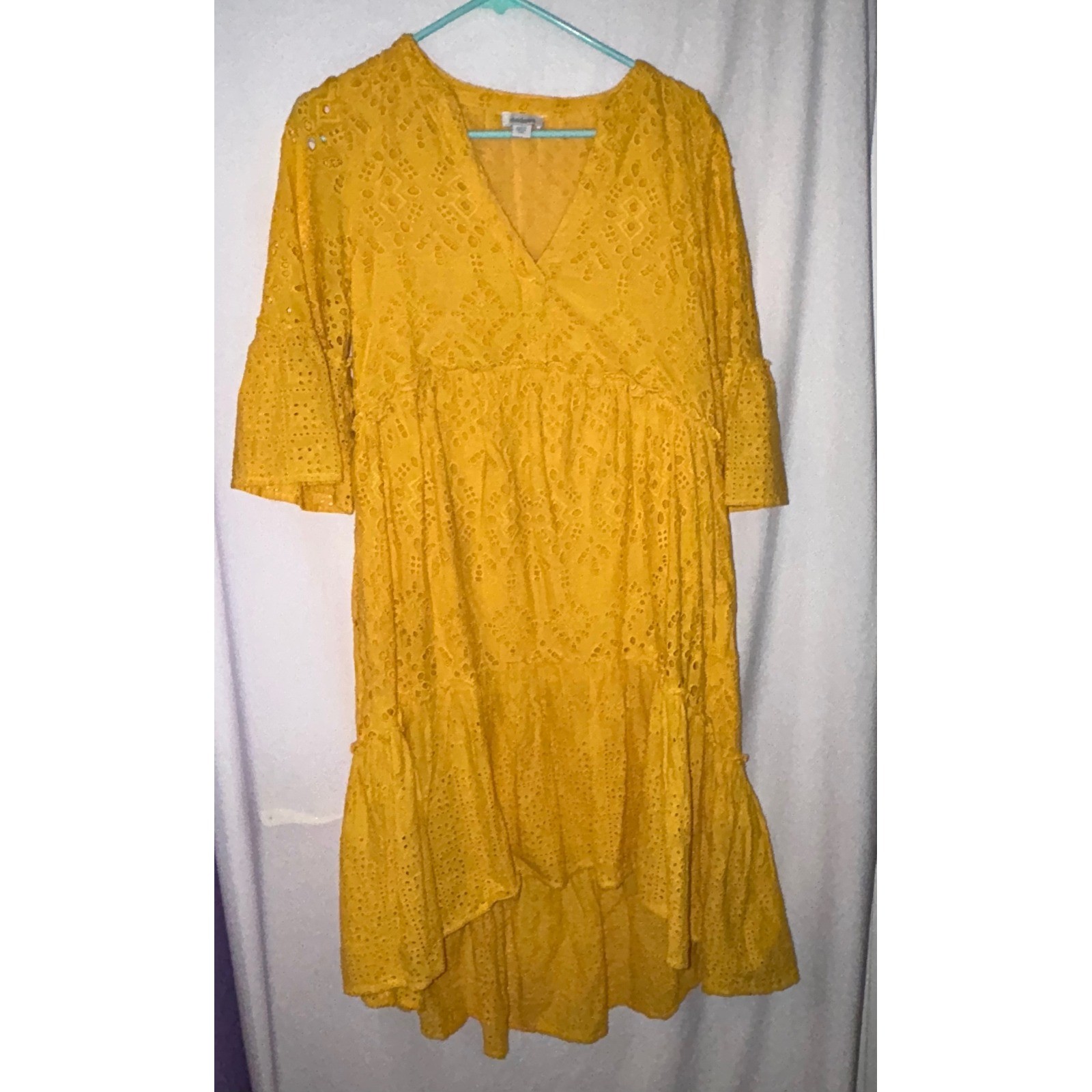 Sundance Mustard Yellow Eyelet Embroidered Dress, Boho V Neck Hi-Low, XXS
