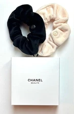 NEW Authentic Set/2 Chanel Beaute Scrunchies Ivory Black Hair Tie VIP Item RARE