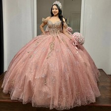 Sparkly Princess Quinceanera Dress Off Shoulder Ball Gown Glitter Appliques Lace