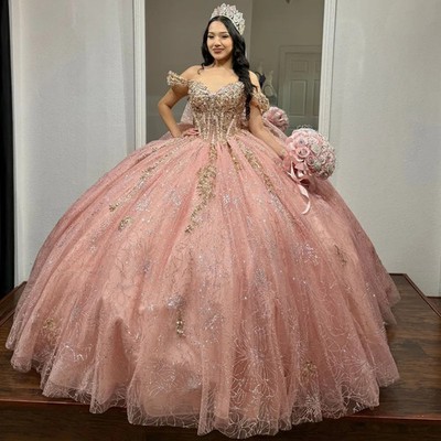 Sparkly Princess Quinceanera Dress Off Shoulder Ball Gown Glitter Appliques Lace