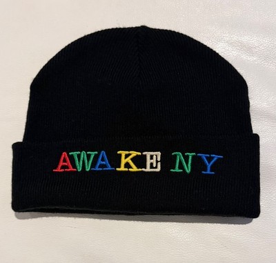 Awake NY Black Acrylic Beanie hat Colorful Embroiled Logo Pre-owned
