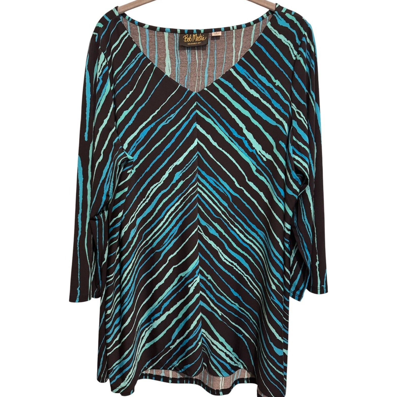 Bob Mackie Wearable Art Tunic Top Asymmetric Stripes Stretchy Relaxed Boho L