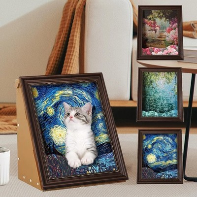 4D Oil Painting Cat Frame Nest with Scratching Board - Pet Bed House for Kittens
