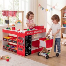 Kids Grocery Store Playset Wooden Pretend Play Supermarket w/ Shopping Cart