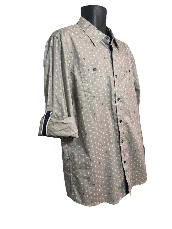 Geometric Print Gray Long Sleeve Button Up Collared Shirt Dad Office Business - Image 4 of 4