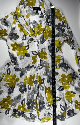Comfy USA Extra Small Sheer Crinkle Floral Blouse Yellow Gray Peplum Hem Top - Picture 11 of 13