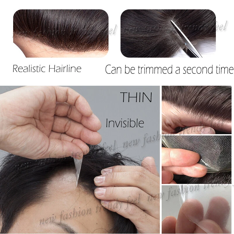 Toupee para hombres 100 % REMY sistema de cabello humano postizos peluca de repuesto piel EE. UU. R Foto 4 de 4