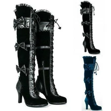 Women High Heel Gothic Lace Up Thigh High Pirate Boots Bowtie Shoes