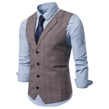 Mens Suit Vest Fashion Slim Fit Thin Plaid Men Waistcoat Top Slim Vest Male Suit