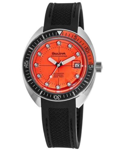 New Bulova Oceanographer Automatic Orange Dial Rubber Strap Men's Watch 96B350