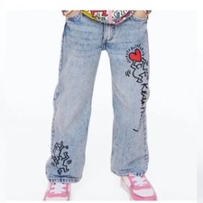 Keith Haring x H M Girl Boy Blue Printed Wide Fit Jeans Size 8