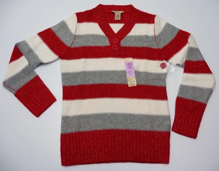 Suéter Arizona Niñas Talla XL (18) Rayas Rojo Gris y Marfil Brillante Cuello en V Nuevo Foto 2 de 2