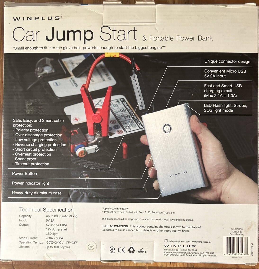 Winplus AC55929 Portable 8000mAh Car Jump Start & Power Bank with
