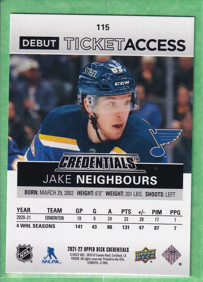 2021-22 UD Credentials #115 Tier 2 Debut Ticket Access Jake Neighbours 277/799 - Image 2 of 2