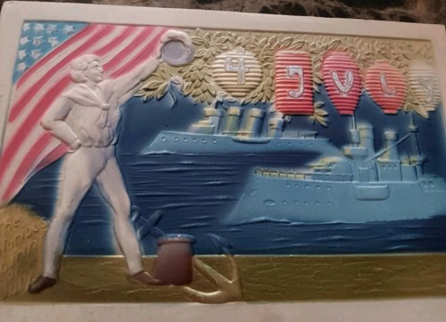Postal del 4 de julio, aerografiada, en relieve, marinera, acorazados - Imagen 4 de 5