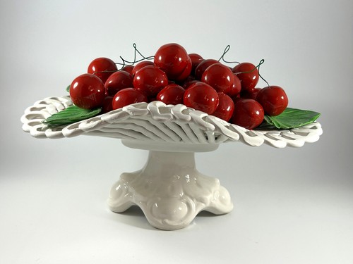Italy Ceramic Fruit Basket Cherries White Pedestal Italian Glossy 10"x7"x4.5" - Picture 6 of 12