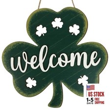 St Patricks Day Shamrock Door Sign, Wooden Vintage Welcome St Hollow Clover