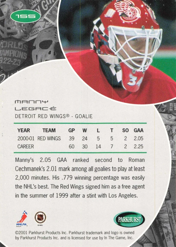 Manny Legace 2001-02 Parkhurst #155 Detroit Red Wings Hockey - Image 2 of 2
