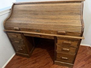 Fine Vintage Roll Top Desk Multiple Drawers, Slide-outs, and Cubbies