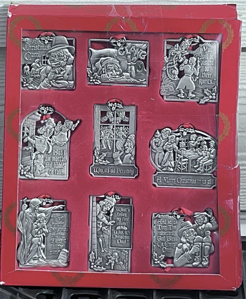 Antigo Um Conjunto de 9 Enfeite de Estanho Conto de Natal por Casa Para As Feriados Novo Na Caixa 1995 - Imagem 4 de 4