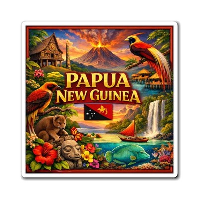 Papua New Guinea Magnet | Bird of Paradise, waterfall, volcano