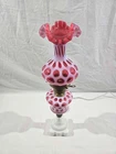 Vintage Cranberry Opalescent Coin Dot Parlor Lamp Ruffled Shade Milk Glass Base