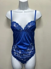 Vintage 80’s DOLORES Promise For POIRETTE Blue  Lace Satin Romper 32 Union Made