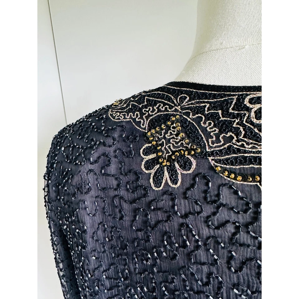 Chaqueta Laurence Kazar Nueva York Vintage Lentejuelas Seda Negra Adornada Vacaciones Foto 4 de 4