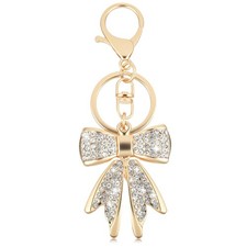 Sparkly Gold Bow Keychain for Backpacks, Pink/Beige Rhinestone Keychains, Bag Ch