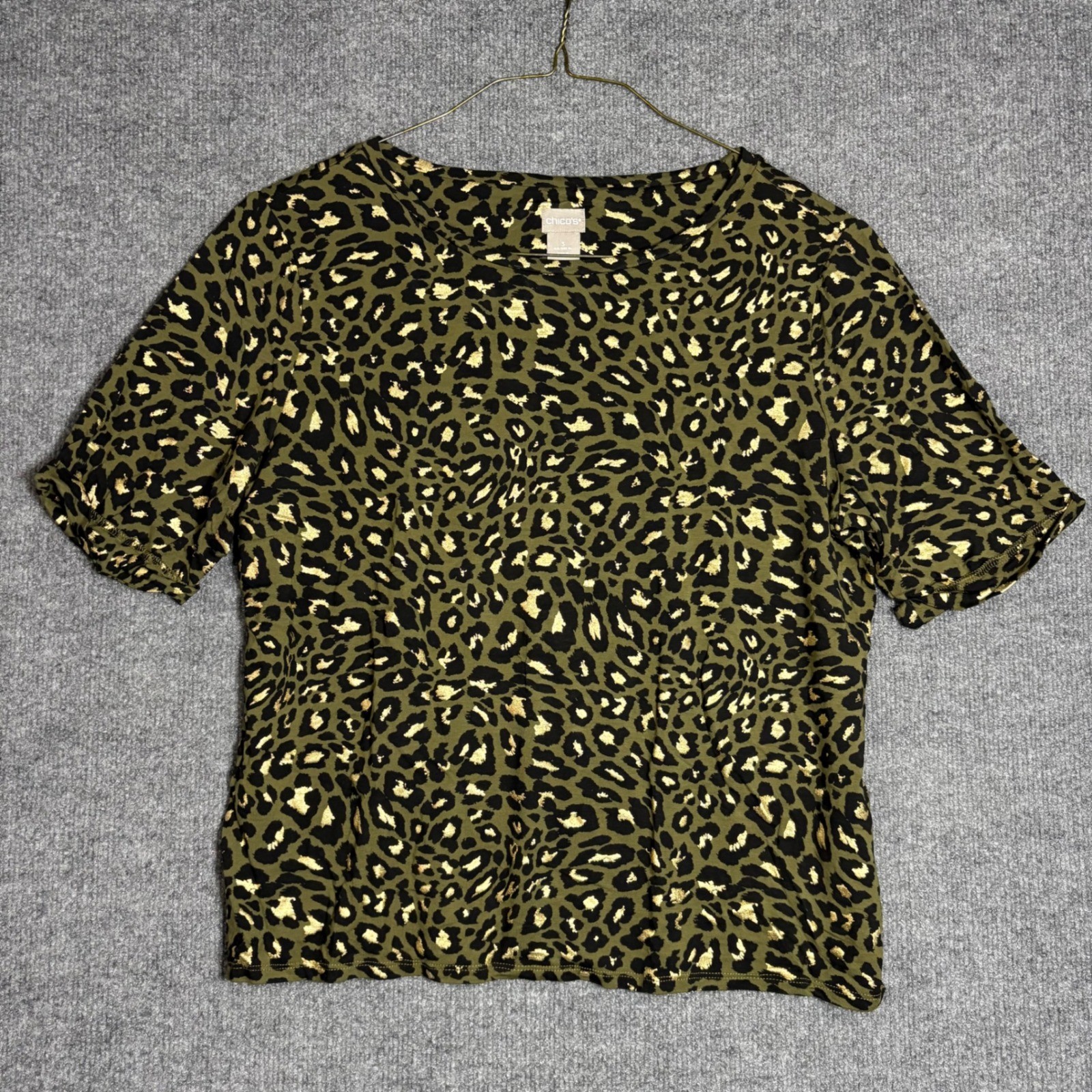 Chicos Size 3 XL Olive Green Black Gold Leopard Print Short Sleeve Top Shirt