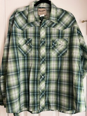 Men s Wrangler Pearl Snap Green Plaid Tinsel Shirt 2XL