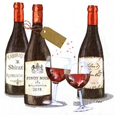 Serviettes en papier bouteilles de vin&verres.Paper napkins wine bottles glasses