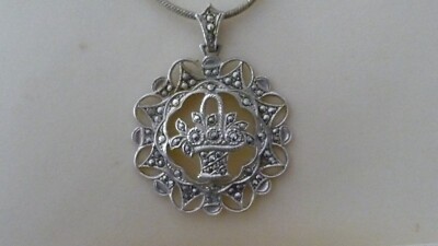 1229X vtg Costume NECKLACE STERLING w PENDANT FLOWER BASKET w