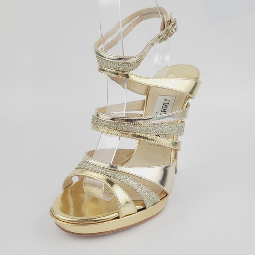 Jimmy Choo Heels Gold Chrome Silver Glitter Ankle Strap Sandals Size 36.5 - Picture 2 of 7