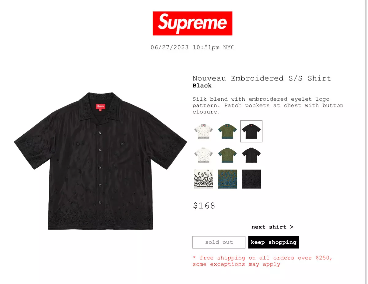 Supreme Nouveau Embroidered S/S Shirt Black Large NEW